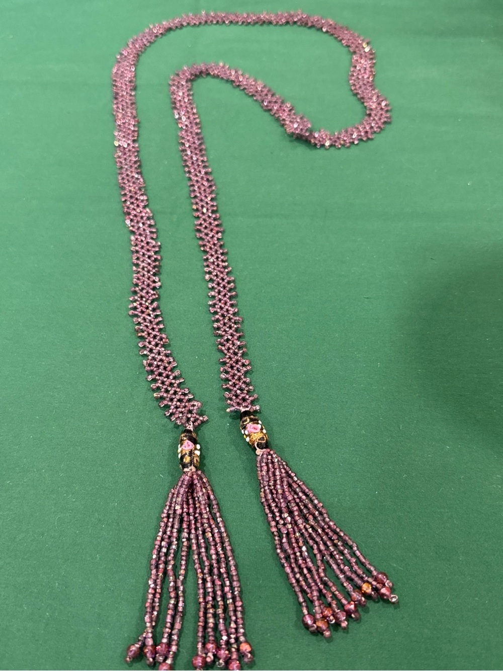 VTG Art Deco Bohemian Sautoir  Flapper Necklace  Pink/Mauve Colored Beads 107F